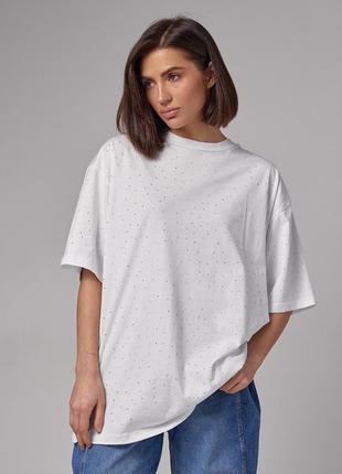 Трикотажна жіноча футболка прикрашена термостразами — білий колір, s (є розміри)