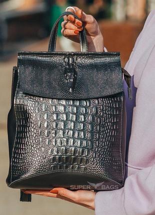 Черный женский рюкзак из натуральной кожи с тиснением tiding bag - 87115