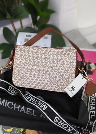 Сумка жіноча michael kors крос-боді бежевий майкл корс на широкому ремені