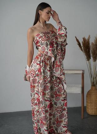 Принтованный шелковый костюм свободного покроя рубашка брюки и бандана