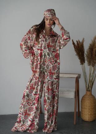 Принтованный шелковый костюм свободного покроя рубашка брюки и бандана