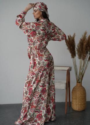 Принтованный шелковый костюм свободного покроя рубашка брюки и бандана