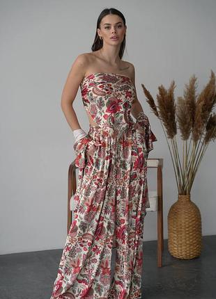 Принтованный шелковый костюм свободного покроя рубашка брюки и бандана