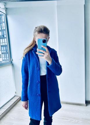 Шерстяное синее пальто4 фото