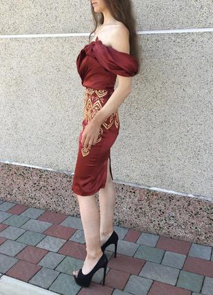 Бордове плаття із золотою вишивкою сукня вечірня випускне плаття4 фото