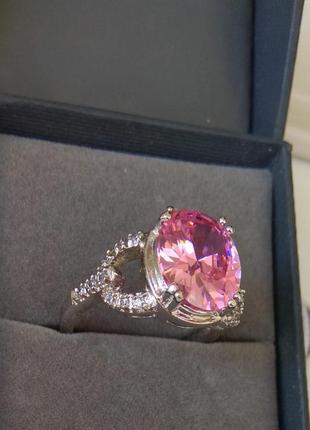 Кільце покриття родій, під біле золото, з рожевим кристалом3 фото