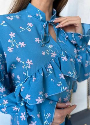 Платье миди с рюшами в цветочный принт с длинными рукавами завязки на рукавах 🔥6 фото