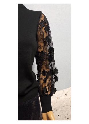 Нарядный женский свитер блуза с пышными рукавами кружево черный 42-464 фото