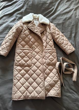Пальто женское зимнее бежевое стеганое размер xl8 фото