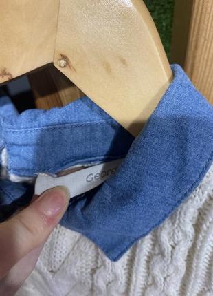 Вязаная кремовая кофта с джинсовой рубашкой-обманкой, джемпер с эффектной вязкой3 фото