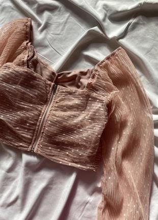 Розовый топ сетка, укороченная блуза с объемными рукавами8 фото
