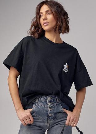 Хлопковая женская футболка оверсайз с вышивкой черная