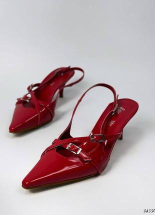 Женские туфли слингбеки с открытой пяткой с ремешками, с острым мысом, носком, на каблуке, коттен хилл, каблук, экокожа лакированная1 фото