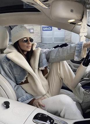 Женская джинсовая куртка из овечьей шерсти с отворотом дубленка