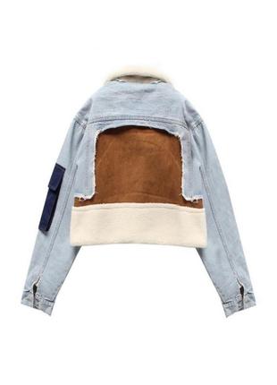 Женская джинсовая куртка из овечьей шерсти с отворотом дубленка5 фото