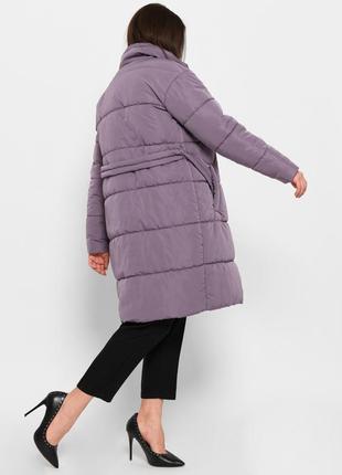 Фіолетова стьобана куртка-пальто з поясом5 фото