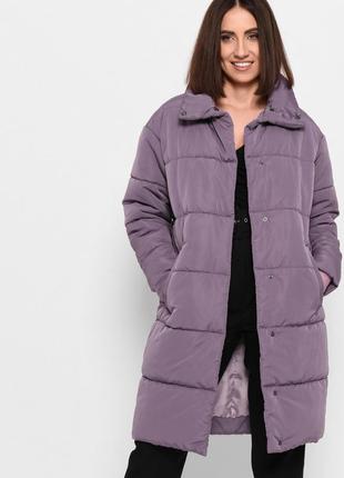 Фіолетова стьобана куртка-пальто з поясом3 фото