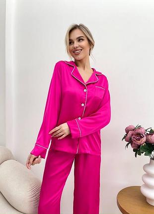 Піжамка з штанами та сорочкою 💕 жіноча піжама шовк армані 💕 рожева піжама фуксія 💕 сорочка на ґудзиках