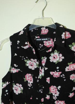 Базова чорна блуза рубашка без рукавів у стилі бохо кежуал вінтаж з квітами tally weijl xs5 фото