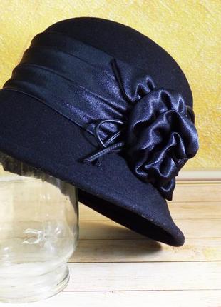 Женская фетровая шляпка, черная шляпа из фетра с лентой и цветком 54 р5 фото