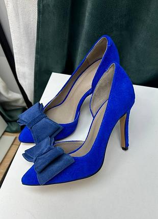 Туфлі з натуральної італійської шкіри та замші жіночі на підборах з бантиком