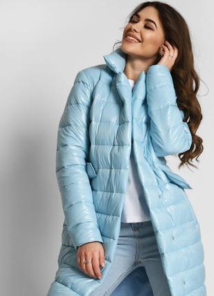 Голубая трендовая куртка-пальто на запах4 фото