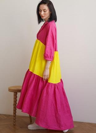 Малиновое платье макси с воланами эксклюзивного фасона из натурального льна6 фото