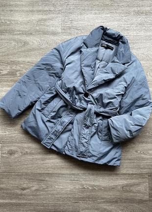 Стильная голубая демисезонная куртка жакет с поясом zara 36/s8 фото
