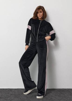 Спортивный двухцветный велюровый костюм черный s-xl