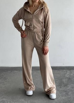 Спортивный женский велюровый костюм трендовый стильный велюр брюки широкие на высокой посадке,6 фото