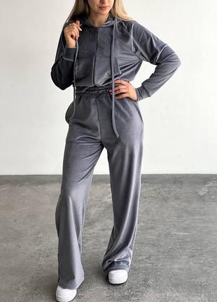 Спортивный женский велюровый костюм трендовый стильный велюр брюки широкие на высокой посадке,4 фото