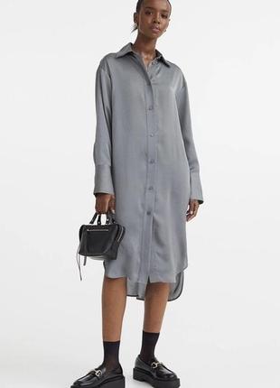 Атласное платье-рубашка, платье миди, серое платье от h&m