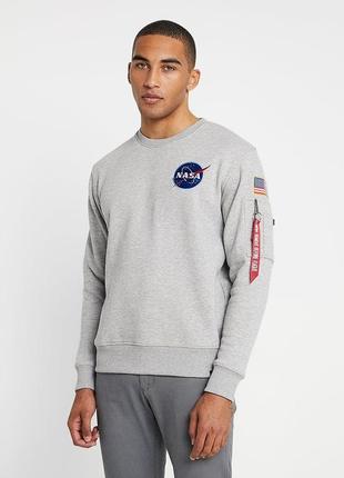 Мужской свитшот на флисе alpha industries nasa / серая кофта альфа наса оригинал2 фото