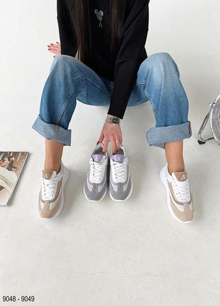 Крутезные качественные кожаные замшевые кроссовки белые с бежевыми серыми лавандовыми вставками1 фото