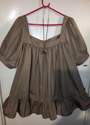 Натуральная блузка-распашонка с воланом и пышным рукавом,хаки,бохо,большого размера2 фото