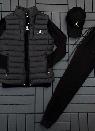 Мужской спортивный костюм jordan 4в1 черный комплект джордан свитшот+штаны+кепка+жилетка весенний (b)