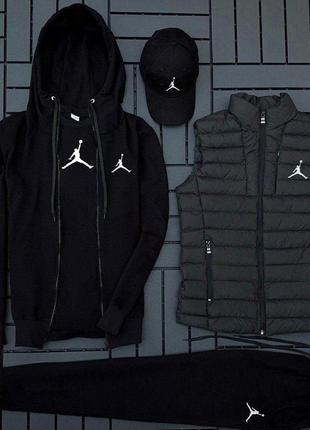 Чоловічий спортивний костюм jordan 5в1 чорний комплект джордан худі+штани+футболка+кепка+жилетка весняний (b)2 фото