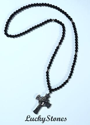Мужское ожерелье из оникса с крестом "лицом исуса в терновом венке".4 фото