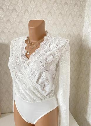 Роскошное белое кружевное боди длинные рукава р.s