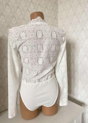Роскошное белое кружевное боди длинные рукава р.s