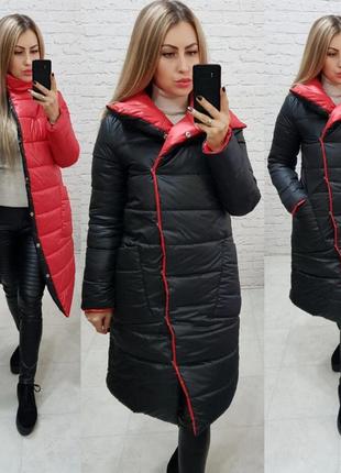 Пальто ковдру євро зима двостороннє арт. 1006 червоне з чорним2 фото