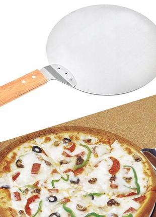 Лопатка для пиццы подставка ø25.5 см из нержавеющей стали с деревянной ручкой2 фото