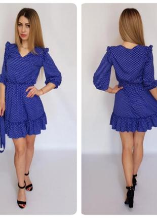 Платье с рюшами на поясе арт. 192 ярко-синее в горох / электрик в горошек