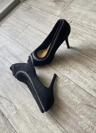 Черные туфли на каблуке натуральная замша 37 размер 23.8 см3 фото
