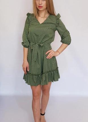 Плаття з рюшами на поясі арт. 192 зелене в горох / зелене в горошок8 фото