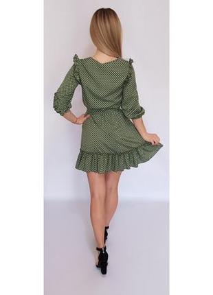 Плаття з рюшами на поясі арт. 192 зелене в горох / зелене в горошок7 фото