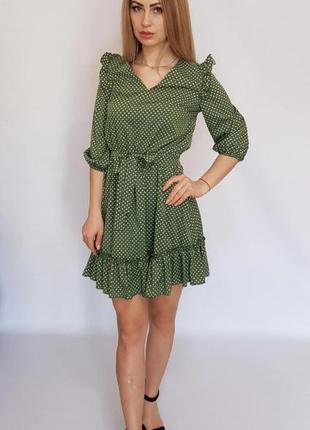 Плаття з рюшами на поясі арт. 192 зелене в горох / зелене в горошок5 фото