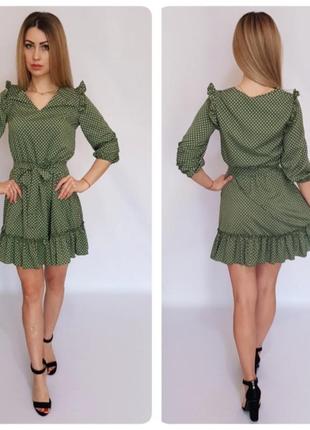 Платье с рюшами на поясе арт. 192 зеленое в горох / зеленое в горошек