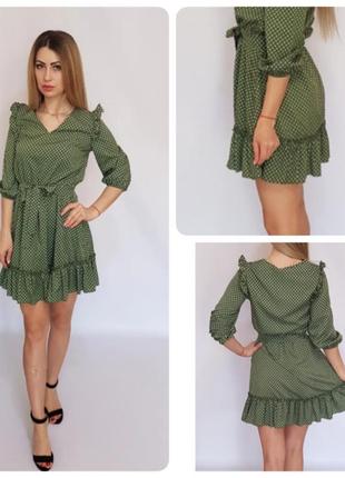 Плаття з рюшами на поясі арт. 192 зелене в горох / зелене в горошок2 фото