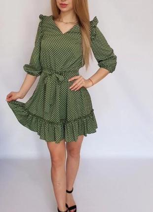 Платье с рюшами на поясе арт. 192 зеленое в горох / зеленое в горошек6 фото